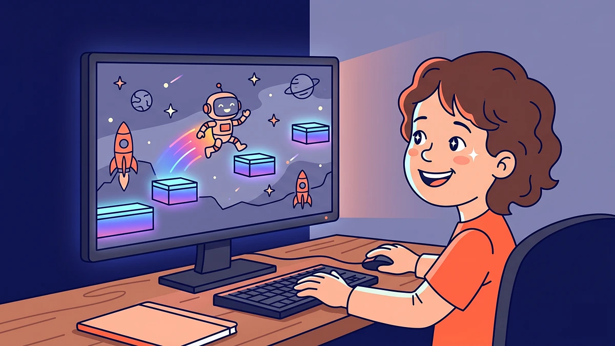 Illustration of a child building a space game at a computer