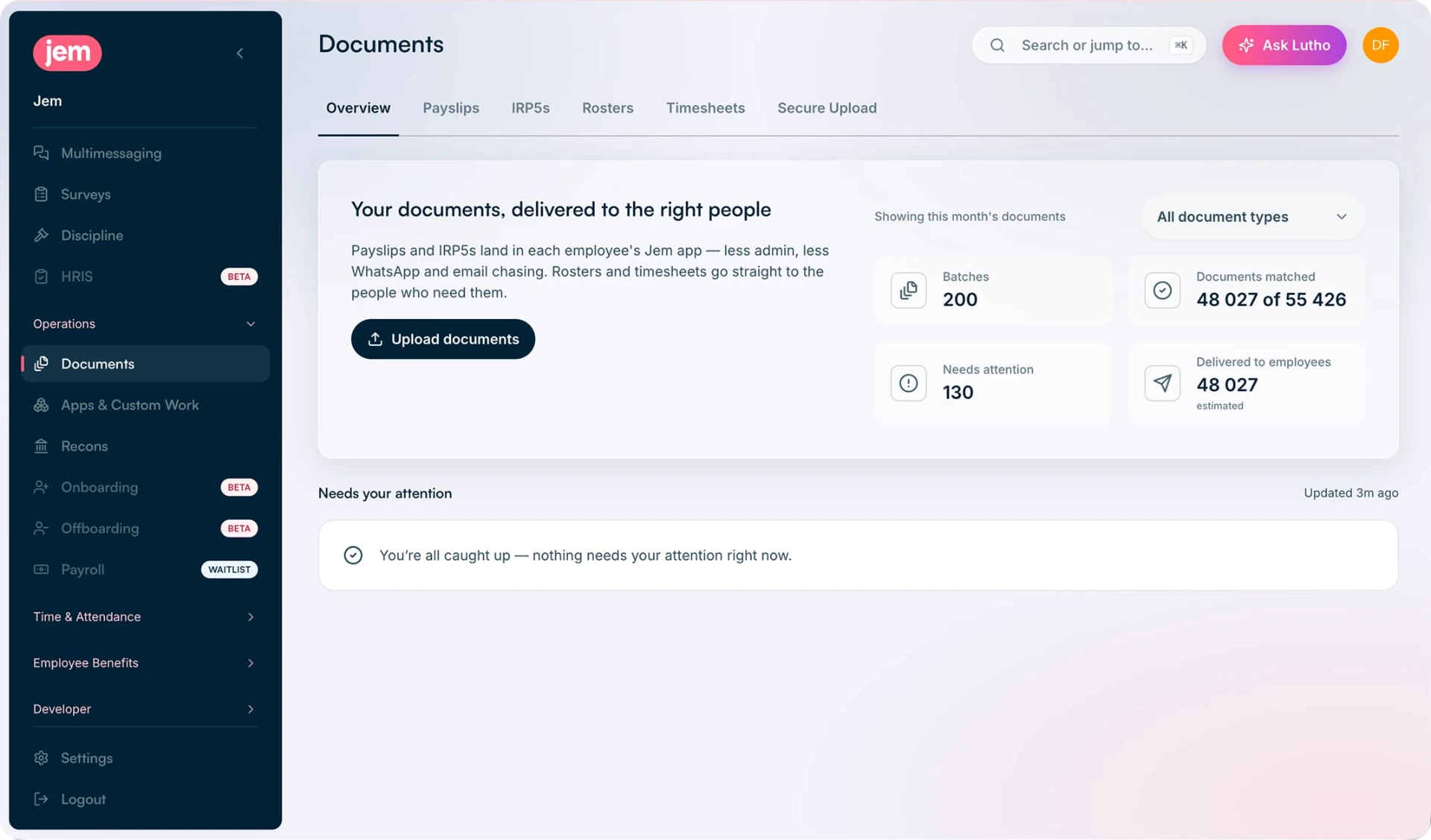 The Jem admin dashboard showing the documents overview