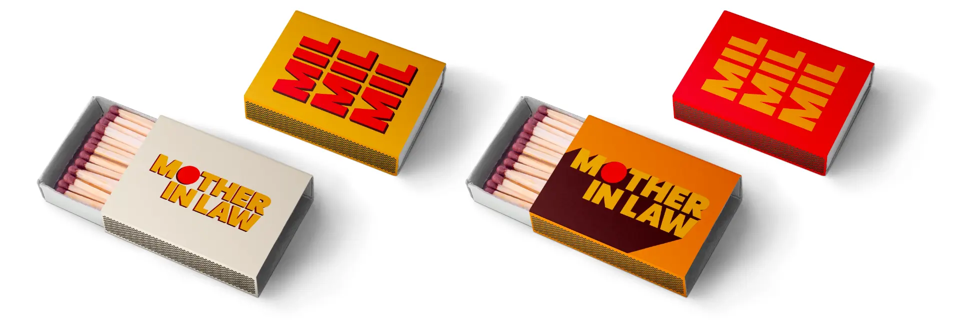Mother In Law branded matchboxes in cream, orange, yellow and red