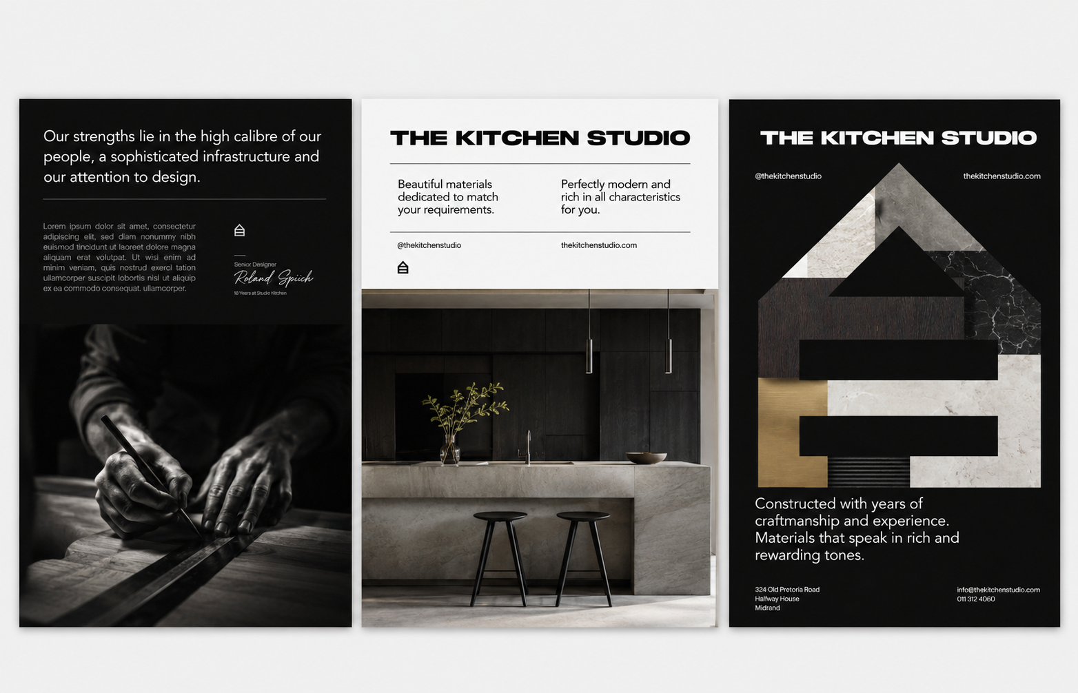 Three The Kitchen Studio brand posters in black and white