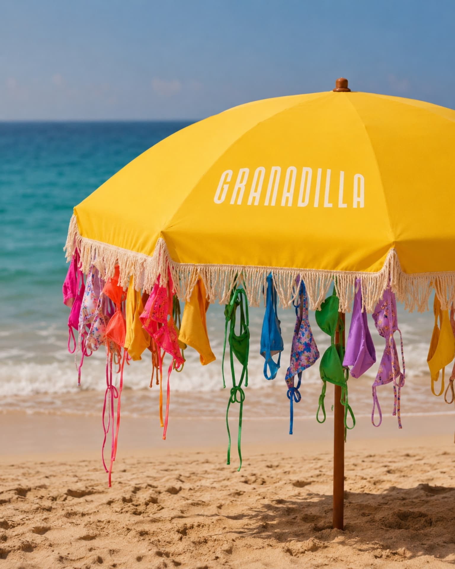 Yellow fringed Granadilla beach umbrella hung with swimwear on the sand