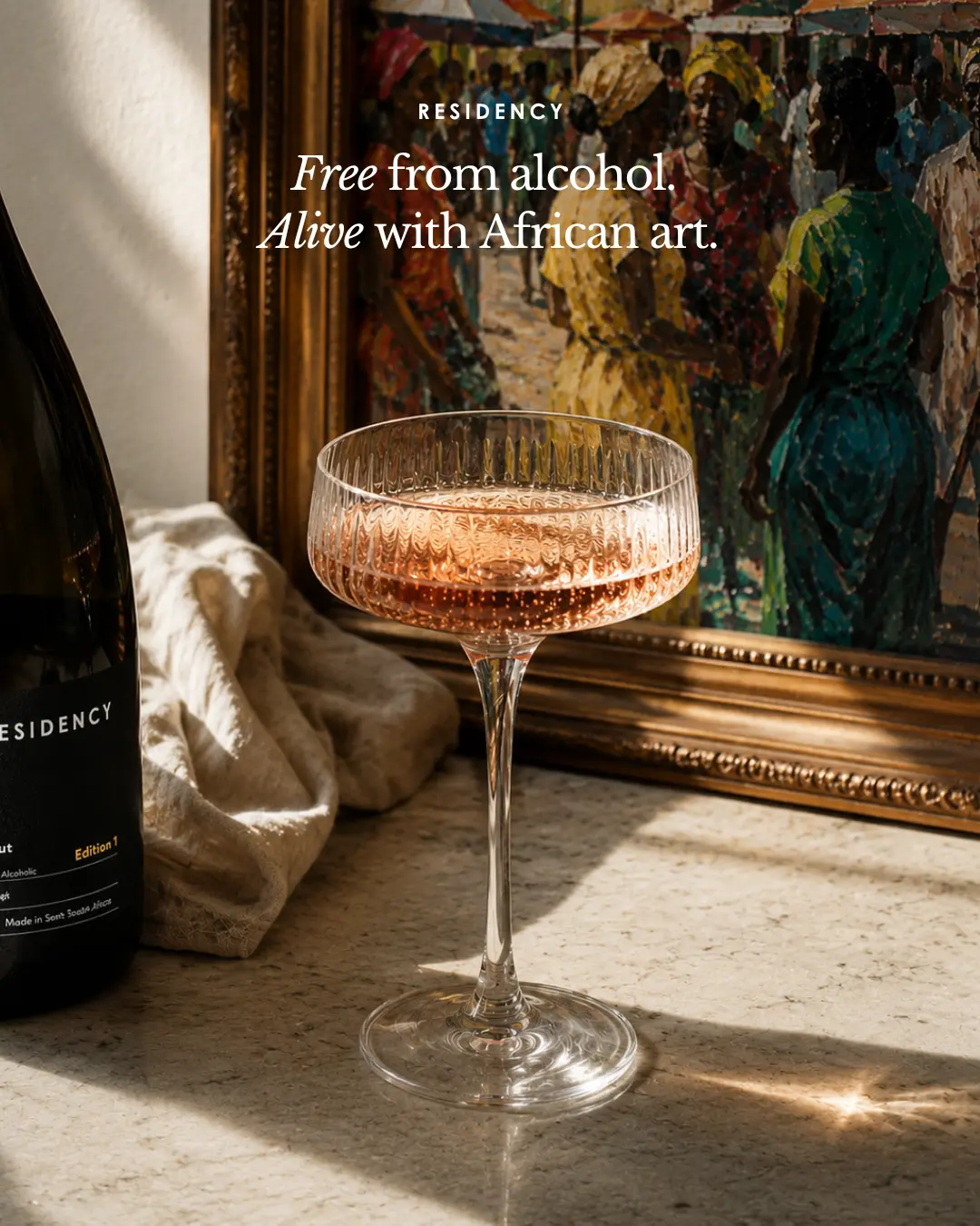 Residency campaign frame reading Free from alcohol, alive with African art