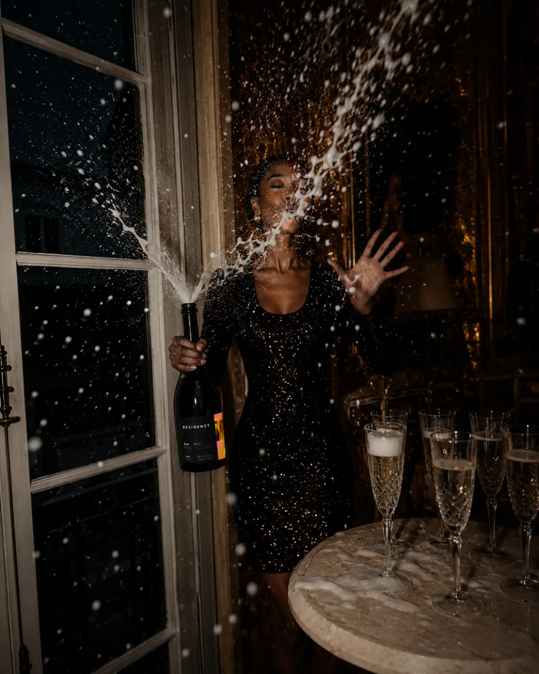 Woman spraying a bottle of Residency in a candlelit room of filled flutes