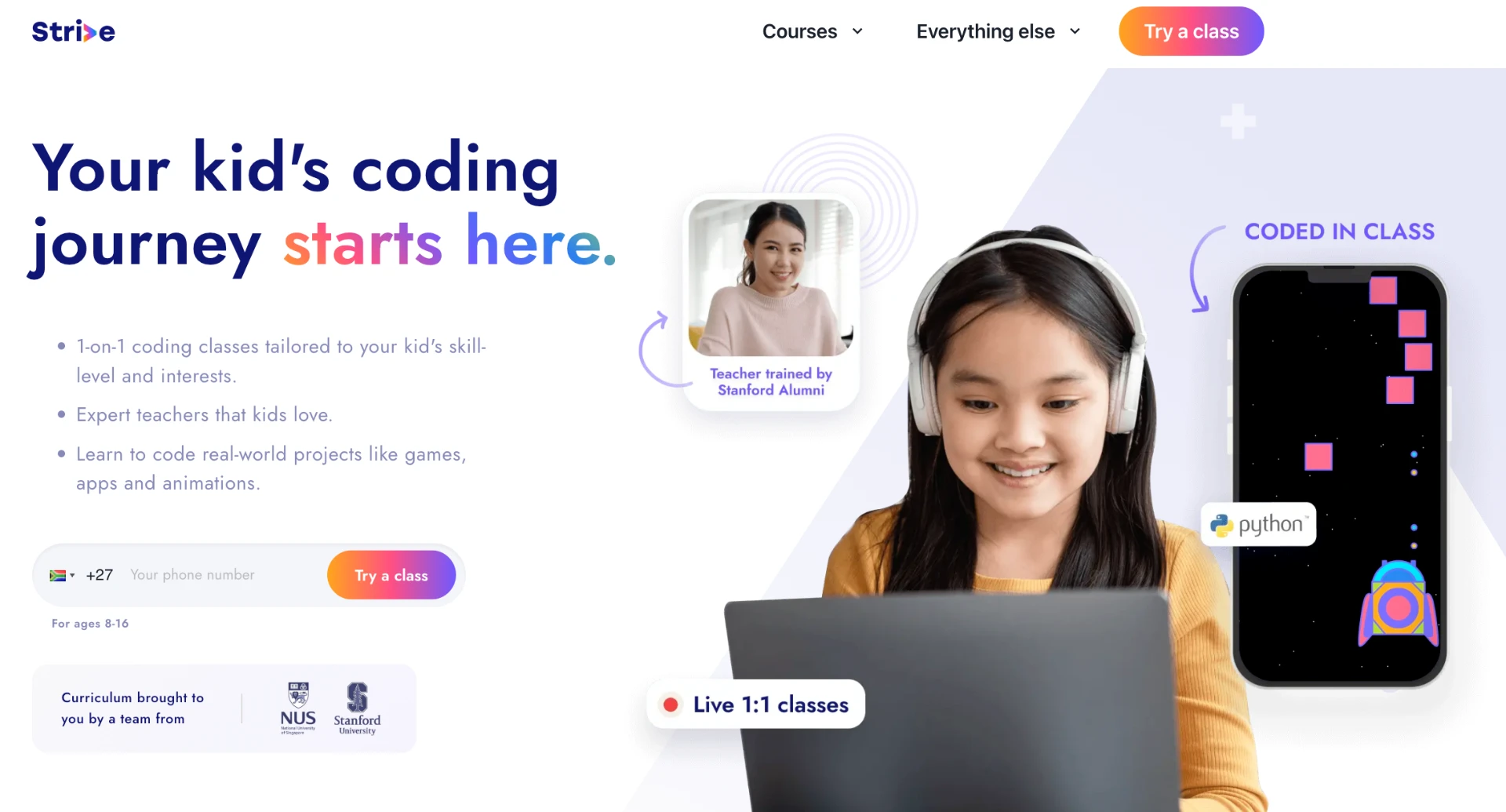Strive homepage hero reading Your kid's coding journey starts here