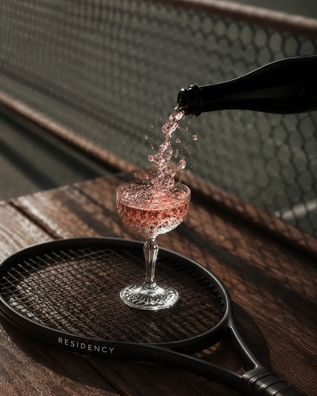Residency poured into a cut-glass coupe resting on a branded tennis racket courtside