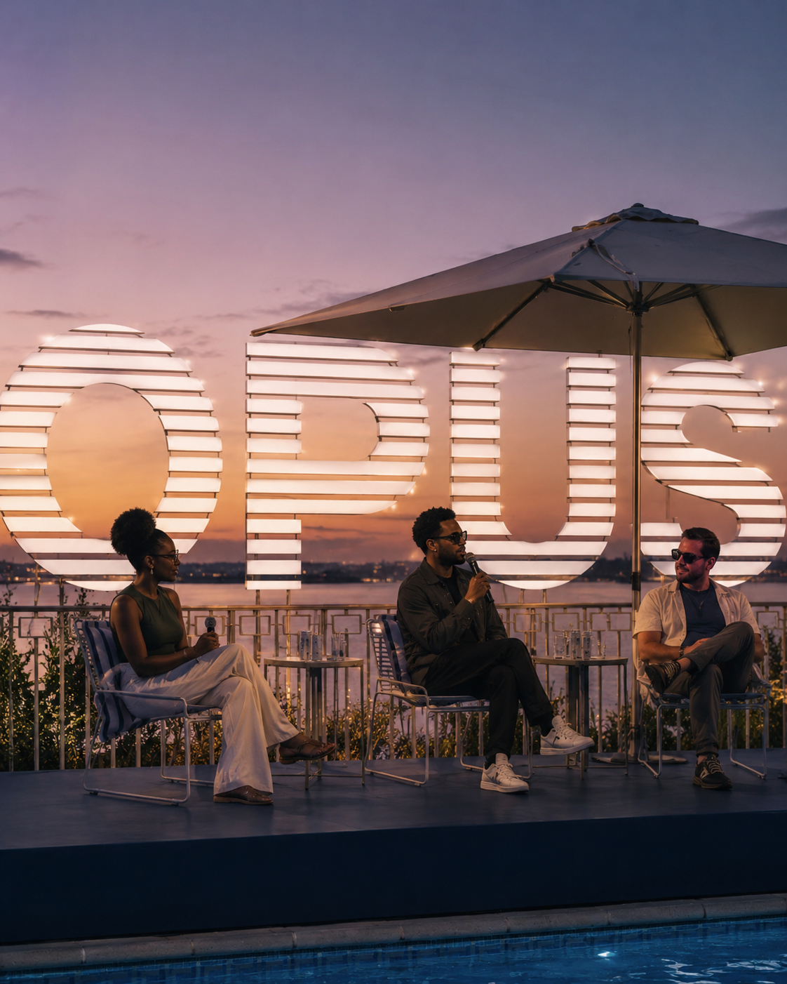 OPUS poolside panel conversation at sunset in front of a lit OPUS sign