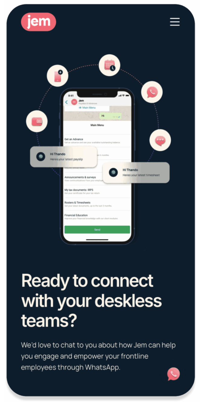 Jem mobile site screen reading Ready to connect with your deskless teams