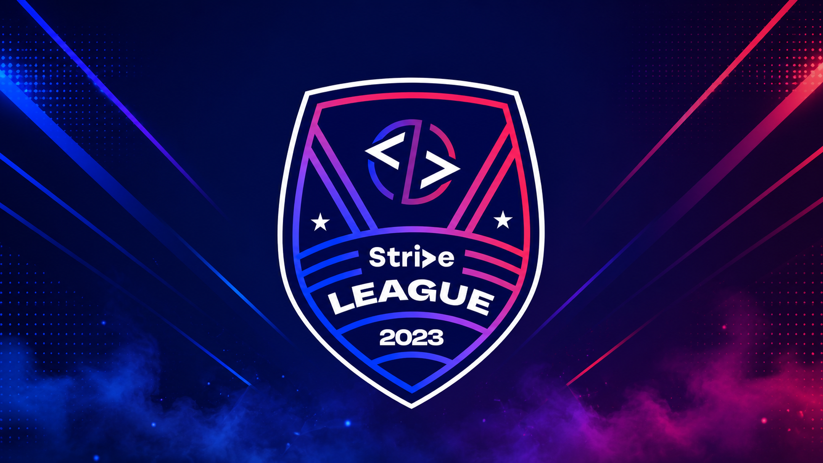 Strive League 2023 crest badge in blue and pink on a dark arena backdrop