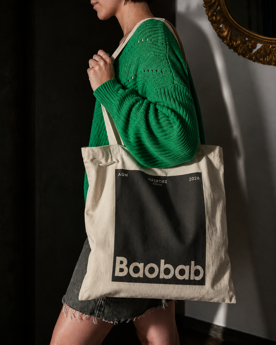 Baobab AGM Nairobi tote bag carried over a shoulder